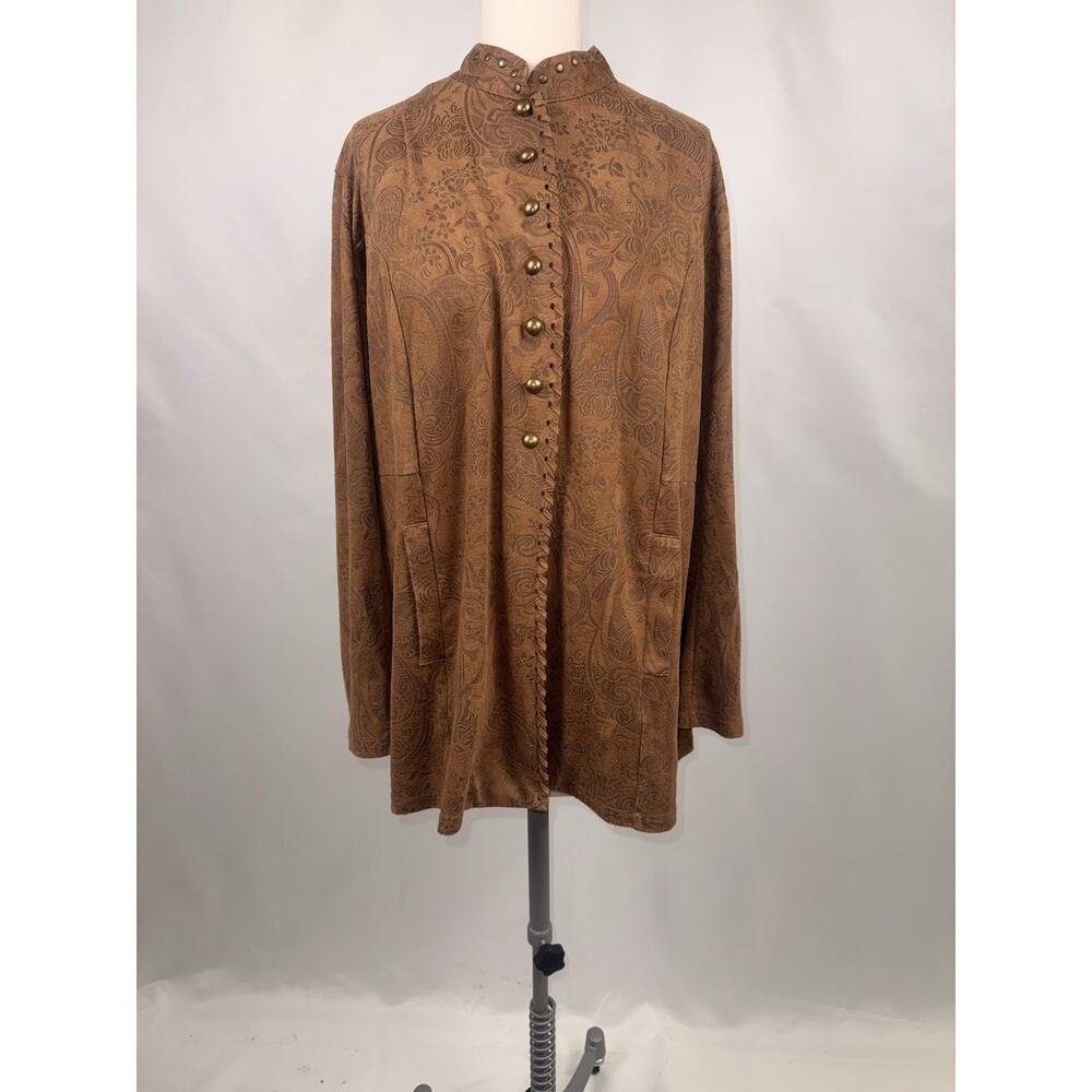 Scully Western Boho Tunic Jacket M/L Brown Paisley Jacquard Button Front Studded